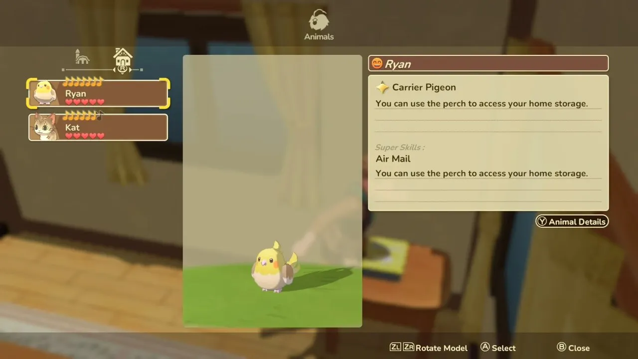 Harvest Moon: Echoes of Teradea animals, Animals menu listing a bird and cat with hearts, music notes, and a skill panel