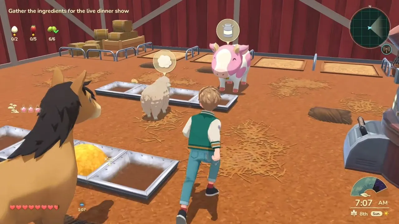 Harvest Moon: Echoes of Teradea animals, lamb with a wool symbol beside a cow and horse in the barn