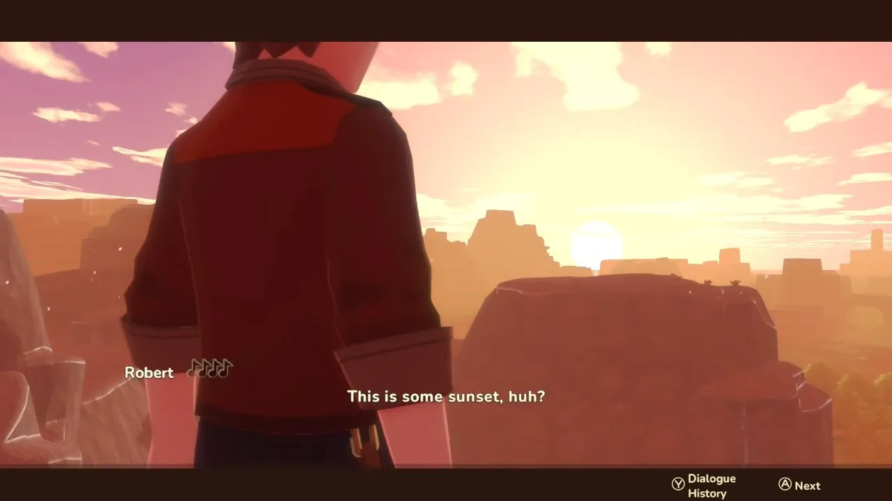 Harvest Moon®: Echoes of Teradea characters and marriage: Robert faces the sunset above rocky cliffs during dialogue