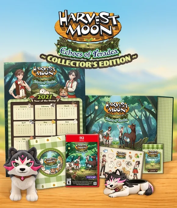 Harvest Moon: Echoes of Teradea collector's edition contents with the Lupo plush, wolf flowerpot, calendar, sticker sheet and Switch 2 game box