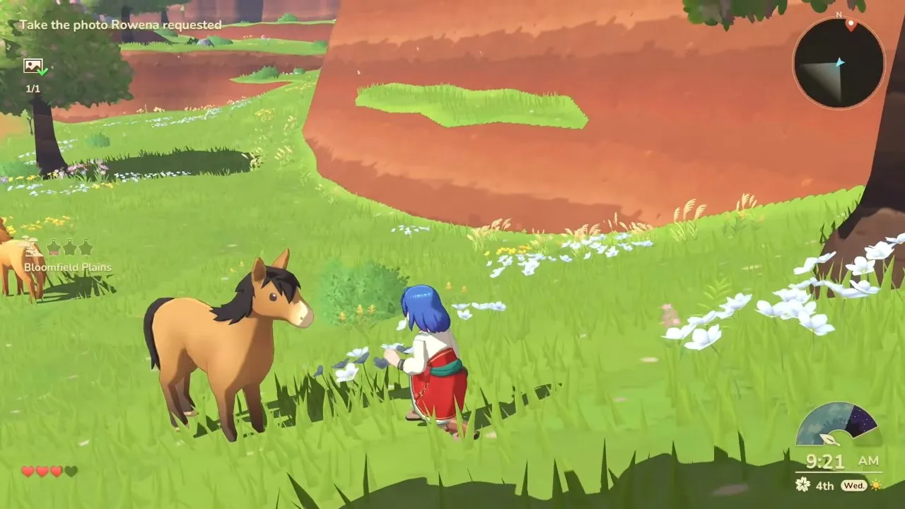 Harvest Moon®: Echoes of Teradea beginner tips crouching character beside a brown horse