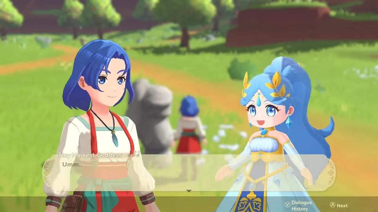 Harvest Moon®: Echoes of Teradea beginner tips Tiny Harvest Goddess speaking beside a stone statue