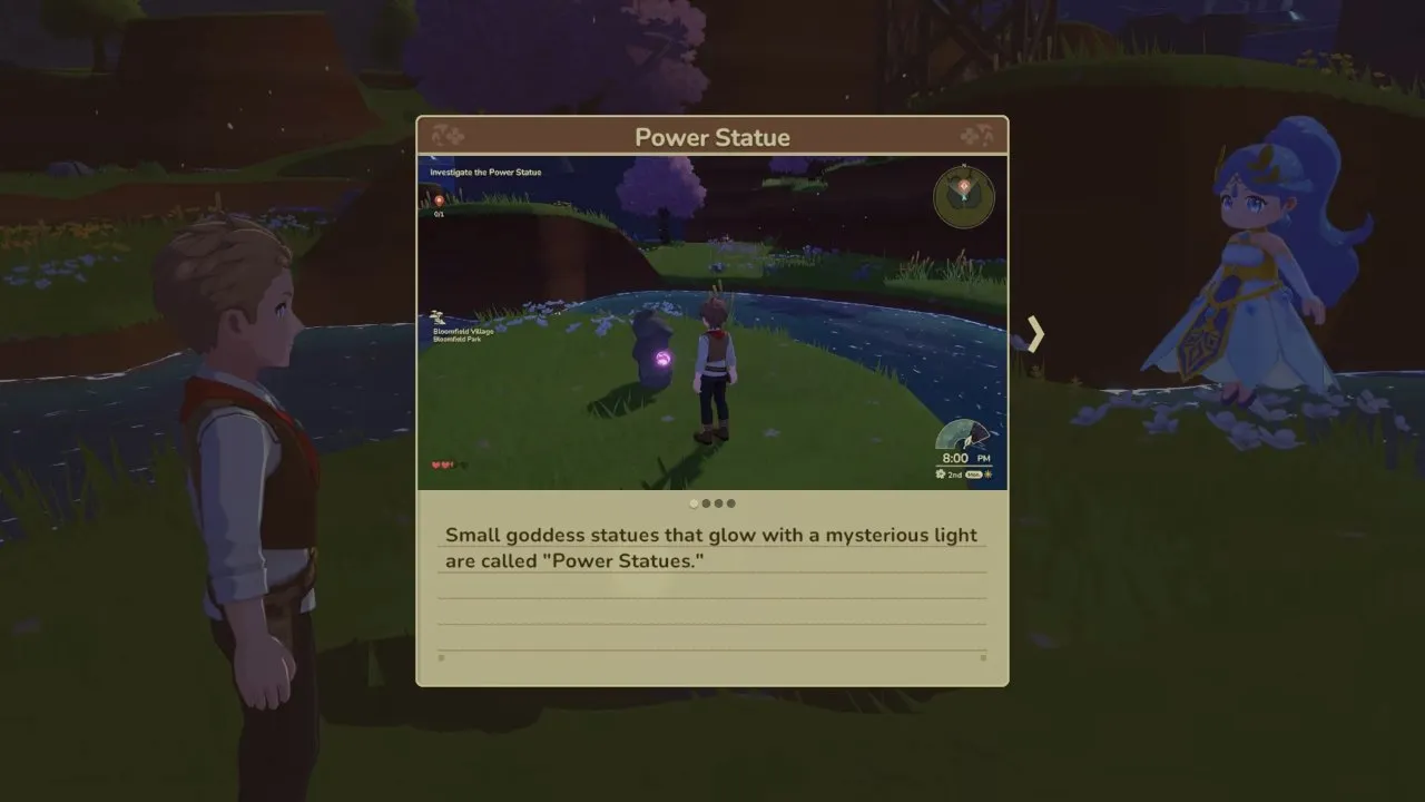 Harvest Moon: Echoes of Teradea walkthrough, the Power Statue tutorial beside a glowing statue at Bloomfield Park